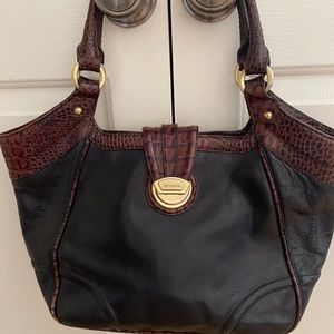 Brahmin large black handbag with brown "croc" print trim
